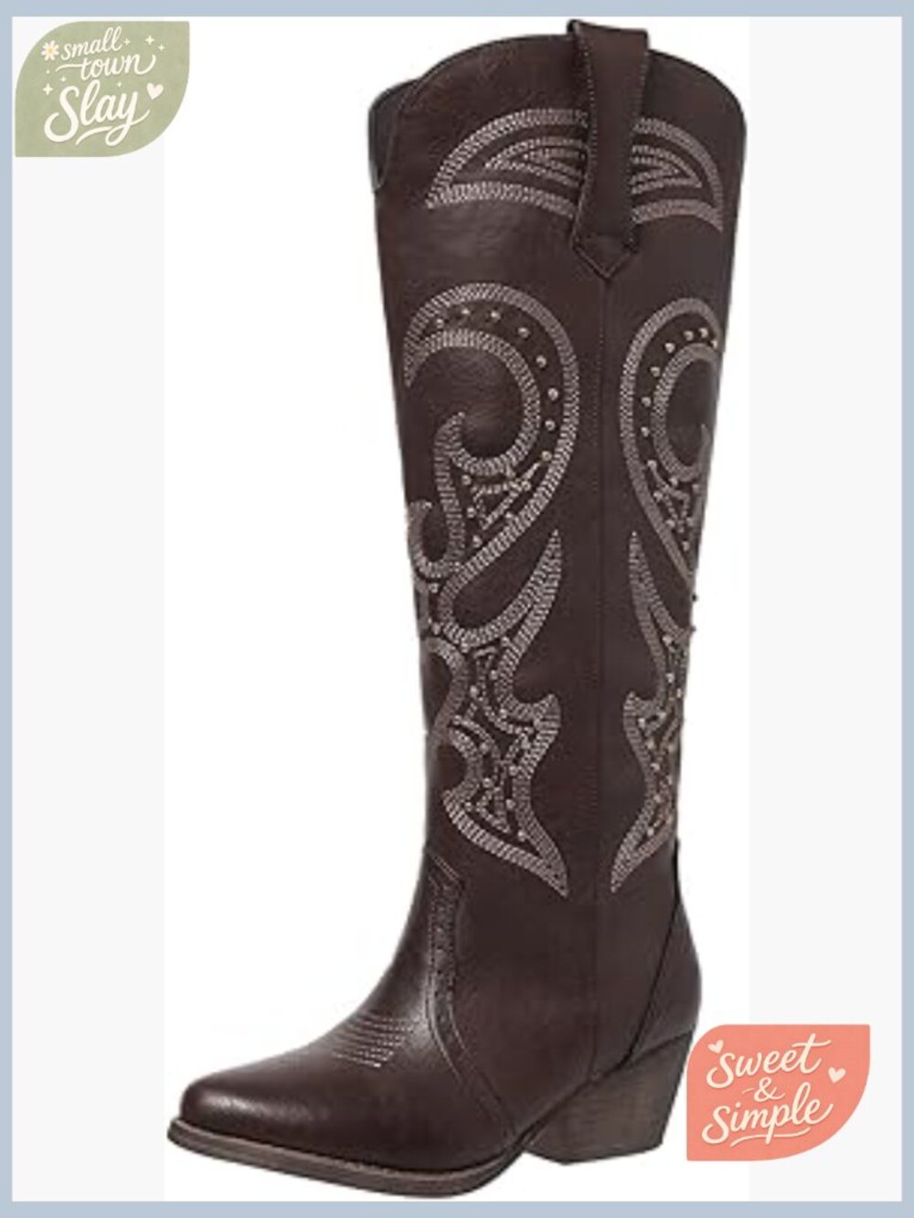 Women's Western Cowboy Boots with Embroidery Pointed Toe Mid Calf Low Chunky